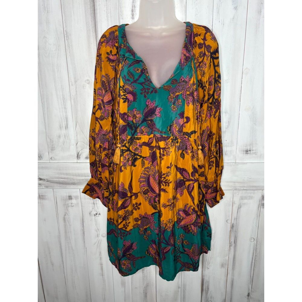 By Anthropologie Romantic Silk‎ Tunic Dress Long Sleeve Gold Teal Floral Medium